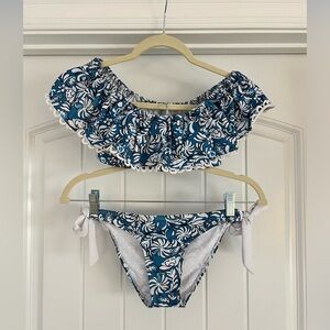 NWOT Temp Me Off The Shoulder Ruffle Blue Floral Bandeau Bikini Set